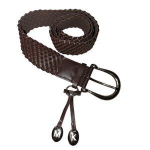 Michael Kors Belt Woven Braided Size Medium Dark Brown Leather Silver Buckle